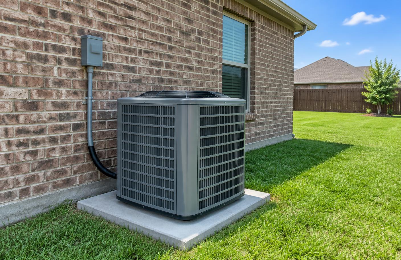 Newly installed residential air conditioning condenser on a concrete pad beside a brick home